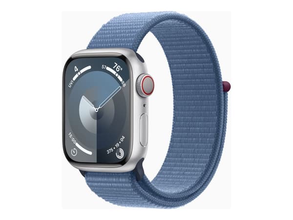 Apple Watch Series 9 (GPS + Cellular) - 41 mm - silveraluminium - smart klocka med sportögla - mjukt nylon i dubbla lager - winter blue - 64 GB - Wi-