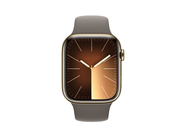 Apple Watch Series 9 (GPS + Cellular) - 45 mm - kultainen ruostumaton teräs - älykello urheilurannekkeella - fluoroelastomeeri - savi - rannekkeen ko