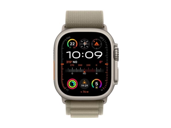 Apple Watch Ultra 2 - 49 mm - titan - smartklokke med Alpine Loop - tekstil - oliven - båndbredde: L - 64 GB - LTE, Wi-Fi, Bluetooth, UWB - 4G - 61.4