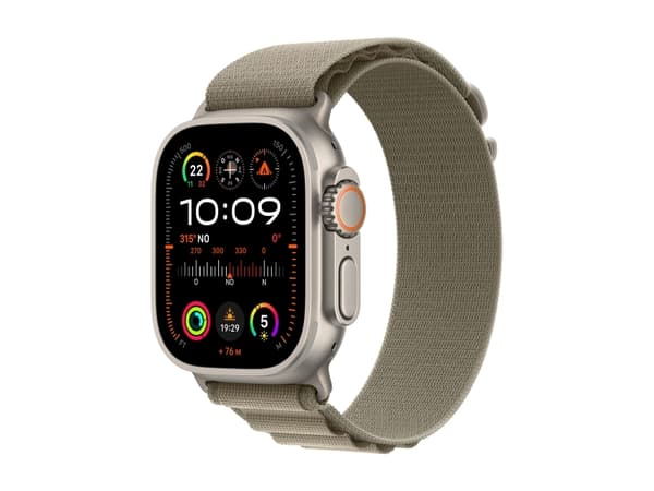 Apple Watch Ultra 2 - 49 mm - titan - smartklokke med Alpine Loop - tekstil - oliven - båndbredde: L - 64 GB - LTE, Wi-Fi, Bluetooth, UWB - 4G - 61.4