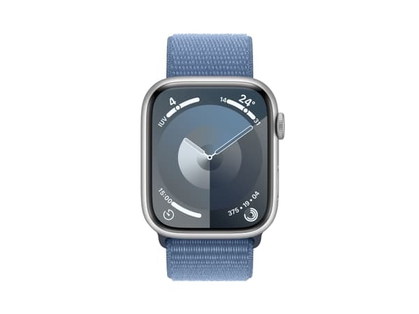 Apple Watch Series 9 (GPS + Cellular) - 45 mm - sølvaluminium - smartklokke med sportssløyfe - myk dobbeltlagsnylon - vinterblå - 64 GB - Wi-Fi, Blue