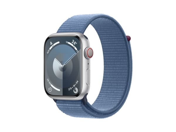 Apple Watch Series 9 (GPS + Cellular) - 45 mm - sølvaluminium - smartklokke med sportssløyfe - myk dobbeltlagsnylon - vinterblå - 64 GB - Wi-Fi, Blue