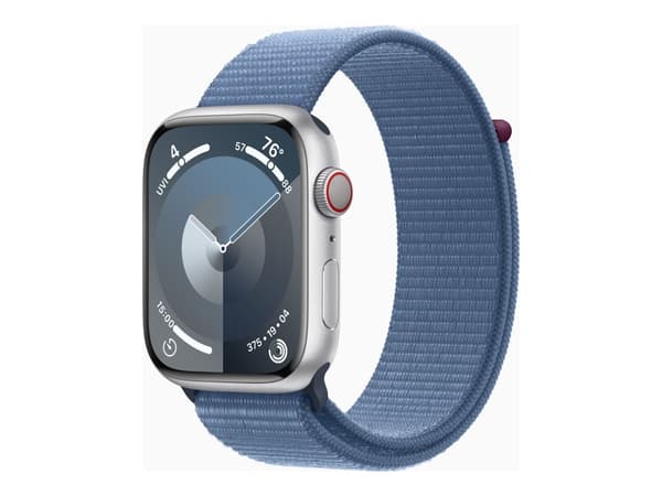 Apple Watch Series 9 (GPS + Cellular) - 45 mm - silveraluminium - smart klocka med sportögla - mjukt nylon i dubbla lager - winter blue - 64 GB - Wi-