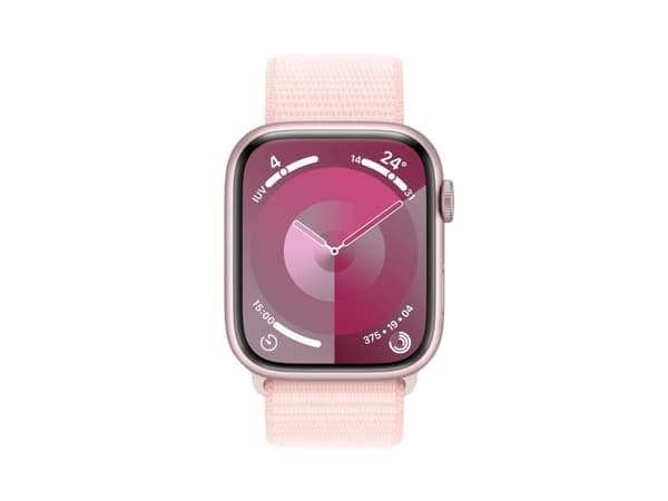 Apple Watch Series 9 (GPS) - 45 mm - rosa aluminium - smart klocka med sportögla - mjukt nylon i dubbla lager - ljusrosa - 64 GB - Wi-Fi, Bluetooth,