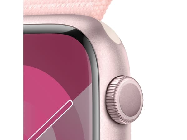 Apple Watch Series 9 (GPS) - 45 mm - rosa aluminium - smart klocka med sportögla - mjukt nylon i dubbla lager - ljusrosa - 64 GB - Wi-Fi, Bluetooth,