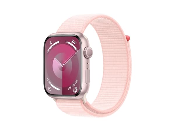 Apple Watch Series 9 (GPS) - 45 mm - rosa aluminium - smart klocka med sportögla - mjukt nylon i dubbla lager - ljusrosa - 64 GB - Wi-Fi, Bluetooth,