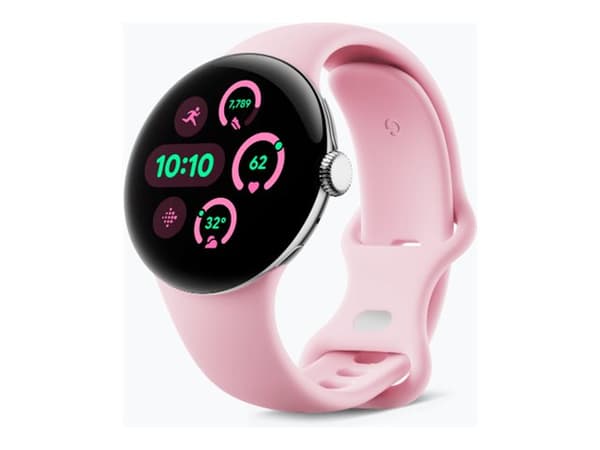 Google Pixel Watch 3 - 41 mm - polert sølvaluminium - smartklokke med aktivt bånd - fluorelastomer - rose quartz - båndbredde: L - 32 GB - Bluetooth,