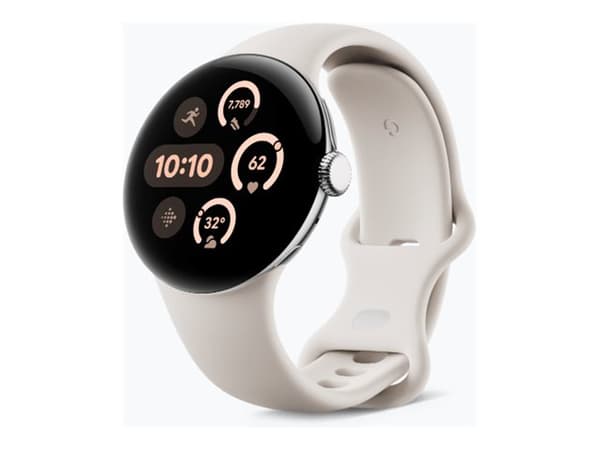 Google Pixel Watch 3 - 41 mm - polert sølvaluminium - smartklokke med aktivt bånd - fluorelastomer - porselen - båndbredde: L - 32 GB - Bluetooth, Wi