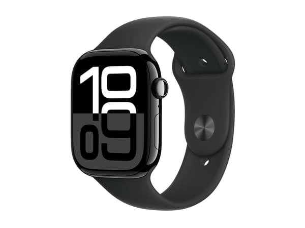 Apple Watch Series 10 (GPS) - 46 mm - jet black aluminium - smart klocka med sportband - fluoroelastomer - svart - bandstorlek: S/M - 64 GB - Wi-Fi 4