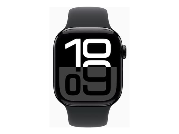 Apple Watch Series 10 (GPS) - 42 mm - jet svart aluminium - smartklokke med sportsbånd - fluorelastomer - svart - båndbredde: M/L - 64 GB - Wi-Fi 4,