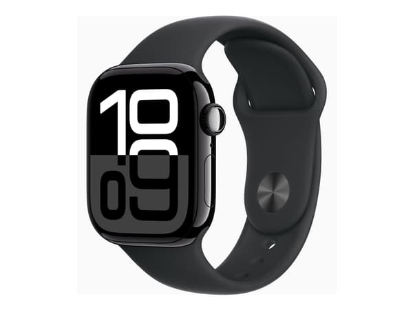 Apple Watch Series 10 (GPS + Cellular) - 42 mm - jet black aluminium - smart klocka med sportband - fluoroelastomer - svart - bandstorlek: S/M - 64 G