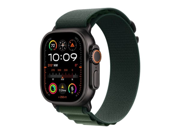 Apple Watch Ultra 2 - 49 mm - svart titan - smart klocka med Alpine Loop - textil - mörkgrön - bandstorlek: L - 64 GB - LTE, Wi-Fi 4, UWB, Bluetooth