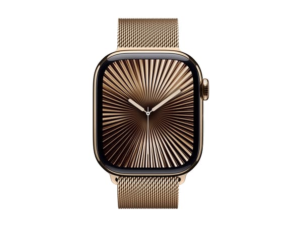 Apple Watch Series 10 (GPS + Cellular) - 42 mm - gull titan - smartklokke med fint strikket løkke - nett av rustfritt stål - gull - håndleddstørrelse