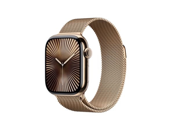 Apple Watch Series 10 (GPS + Cellular) - 42 mm - gull titan - smartklokke med fint strikket løkke - nett av rustfritt stål - gull - håndleddstørrelse