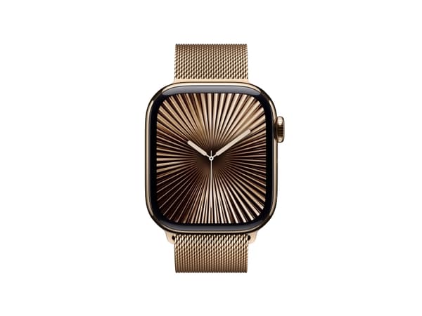 Apple Watch Series 10 (GPS + Cellular) - 42 mm - gull titan - smartklokke med fint strikket løkke - nett av rustfritt stål - gull - håndleddstørrelse