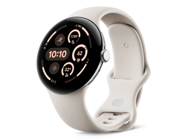Google Pixel Watch 3 - 45 mm - polerat silver aluminium - smart klocka med aktivt band - fluoroelastomer - porslin - bandstorlek: L - 32 GB - Bluetoo