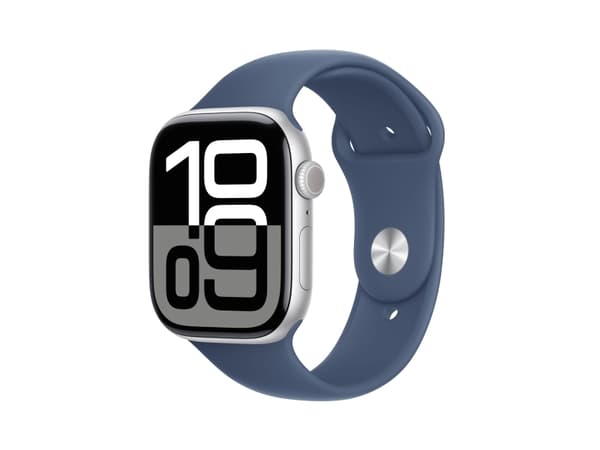 Apple Watch Series 10 GPS 46mm Silver Aluminium Case with Denim Sport Band - M/L, OLED, Touchscreen, 64 GB, Wi-Fi, GPS (satellite), 36.4 g