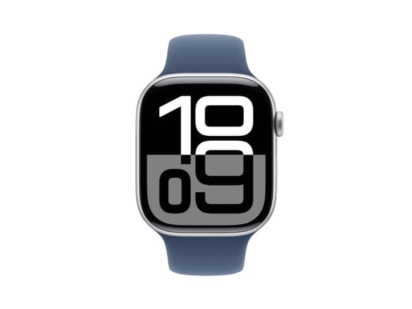 Apple Watch Series 10 GPS 46mm Silver Aluminium Case with Denim Sport Band - M/L, OLED, Touchscreen, 64 GB, Wi-Fi, GPS (satellite), 36.4 g