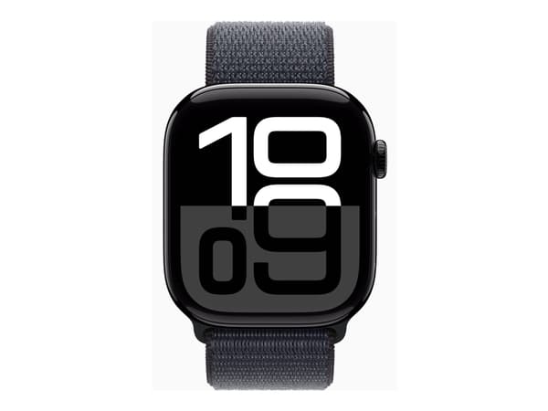 Apple Watch Series 10 (GPS) - 46 mm - jet black aluminium - smart klocka med sportögla - mjukt nylon i dubbla lager - bläck - handledsstorlek: 130-20