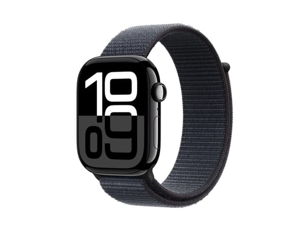 Apple Watch Series 10 (GPS) - 46 mm - jet black aluminium - smart klocka med sportögla - mjukt nylon i dubbla lager - bläck - handledsstorlek: 130-20
