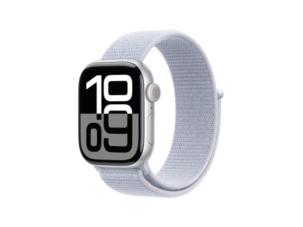 Apple Watch Series 10 (GPS) - 42 mm - sølvaluminium - smartklokke med sportssløyfe - myk dobbeltlagsnylon - blå sky - håndleddstørrelse: 130-200 mm -