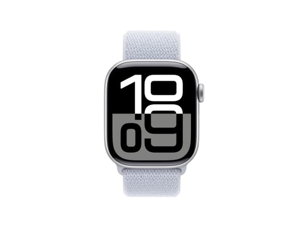 Apple Watch Series 10 (GPS) - 42 mm - sølvaluminium - smartklokke med sportssløyfe - myk dobbeltlagsnylon - blå sky - håndleddstørrelse: 130-200 mm -