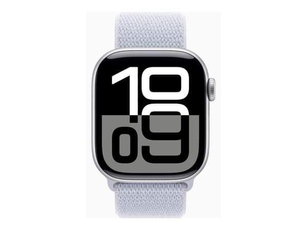 Apple Watch Series 10 (GPS) - 42 mm - sølvaluminium - smartklokke med sportssløyfe - myk dobbeltlagsnylon - blå sky - håndleddstørrelse: 130-200 mm -