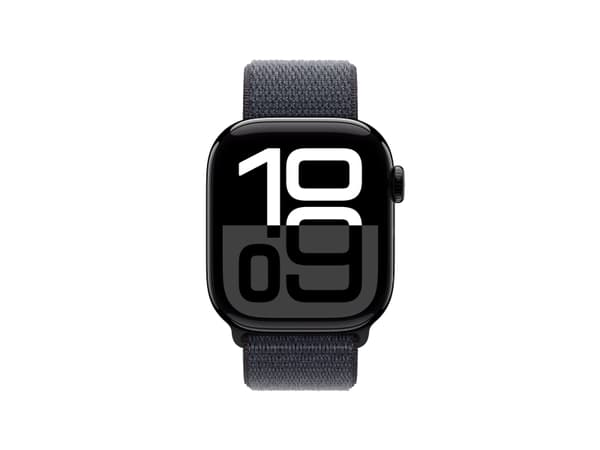 Apple Watch Series 10 (GPS + Cellular) - 42 mm - jet svart aluminium - smartklokke med sportssløyfe - myk dobbeltlagsnylon - blekk - håndleddstørrels