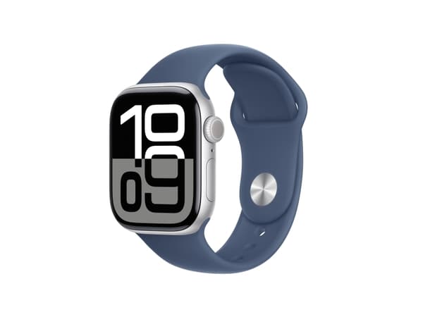 Apple Watch Series 10 (GPS) - 42 mm - silveraluminium - smart klocka med sportband - fluoroelastomer - denim - bandstorlek: M/L - 64 GB - Wi-Fi 4, UW