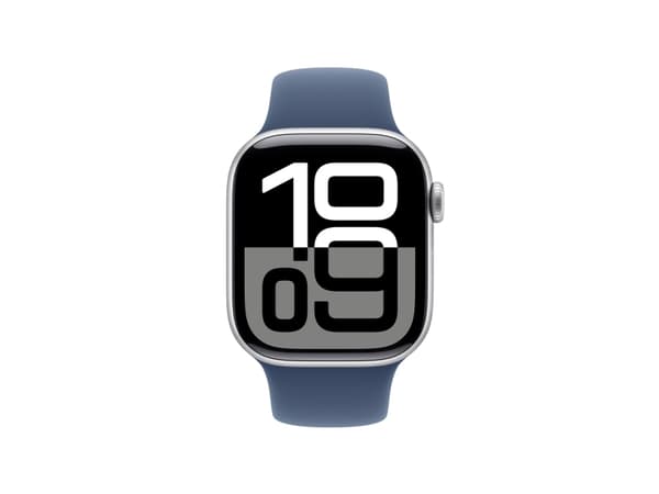 Apple Watch Series 10 (GPS) - 42 mm - silveraluminium - smart klocka med sportband - fluoroelastomer - denim - bandstorlek: M/L - 64 GB - Wi-Fi 4, UW