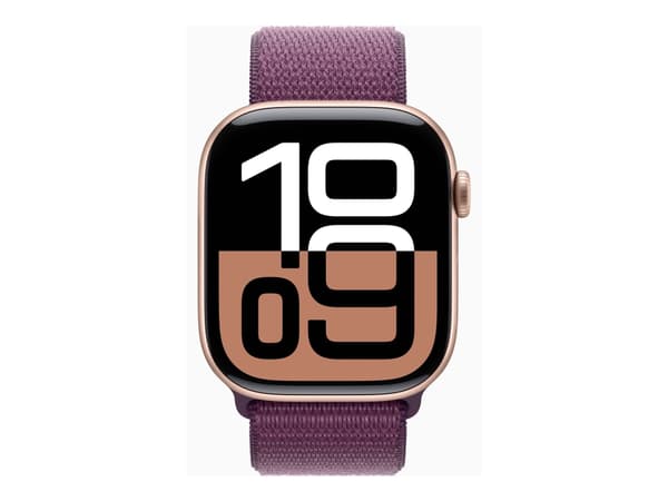 Apple Watch Series 10 (GPS) - 46 mm - guldrosa aluminium - smart klocka med sportögla - mjukt nylon i dubbla lager - plommonfärgat - handledsstorlek: