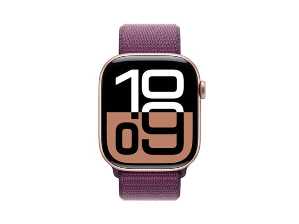 Apple Watch Series 10 (GPS) - 46 mm - guldrosa aluminium - smart klocka med sportögla - mjukt nylon i dubbla lager - plommonfärgat - handledsstorlek: