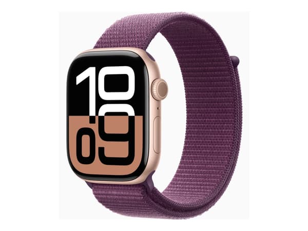 Apple Watch Series 10 (GPS) - 46 mm - guldrosa aluminium - smart klocka med sportögla - mjukt nylon i dubbla lager - plommonfärgat - handledsstorlek: