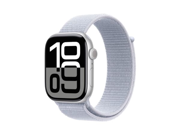 Apple Watch Series 10 (GPS + Cellular) - 46 mm - silveraluminium - smart klocka med sportögla - mjukt nylon i dubbla lager - blå moln - handledsstorl