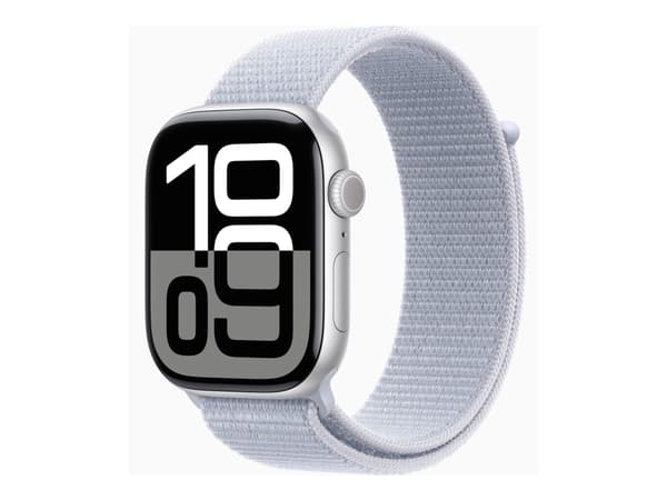 Apple Watch Series 10 (GPS + Cellular) - 46 mm - silveraluminium - smart klocka med sportögla - mjukt nylon i dubbla lager - blå moln - handledsstorl