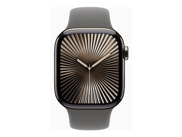 Apple Watch Series 10 GPS + Cellular 42mm Natural Titanium Case with Stone Grey Sport Band - S/M, OLED, Touchscreen, 64 GB, Wi-Fi, GPS (satellite), 3
