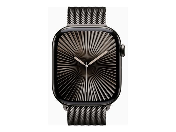 Apple Watch Series 10 (GPS + Cellular) - 46 mm - skifer titan - smartklokke med fint strikket løkke - nett av rustfritt stål - skifer - båndbredde: S