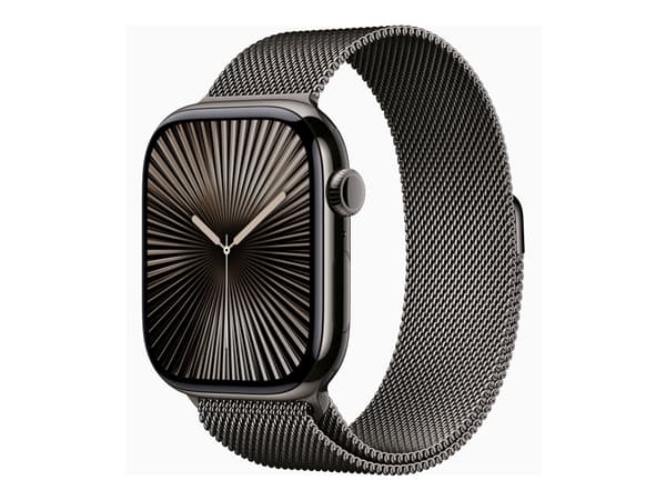 Apple Watch Series 10 (GPS + Cellular) - 46 mm - skifer titan - smartklokke med fint strikket løkke - nett av rustfritt stål - skifer - båndbredde: S