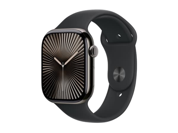 Apple Watch Series 10 (GPS + Cellular) - 46 mm - skiffer titan - smart klocka med sportband - fluoroelastomer - svart - bandstorlek: M/L - 64 GB - LT