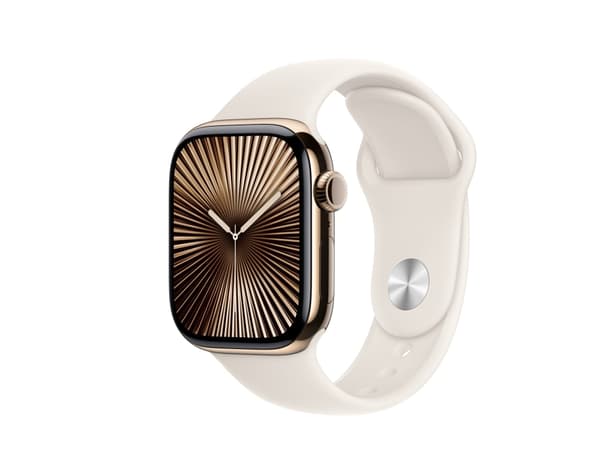 Apple Watch Series 10 (GPS + Cellular) - 42 mm - guld titan - smart klocka med sportband - fluoroelastomer - starlight - bandstorlek: S/M - 64 GB - L