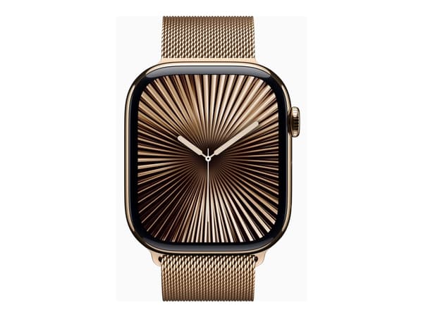 Apple Watch Series 10 (GPS + Cellular) - 46 mm - gull titan - smartklokke med fint strikket løkke - nett av rustfritt stål - gull - båndbredde: S/M -