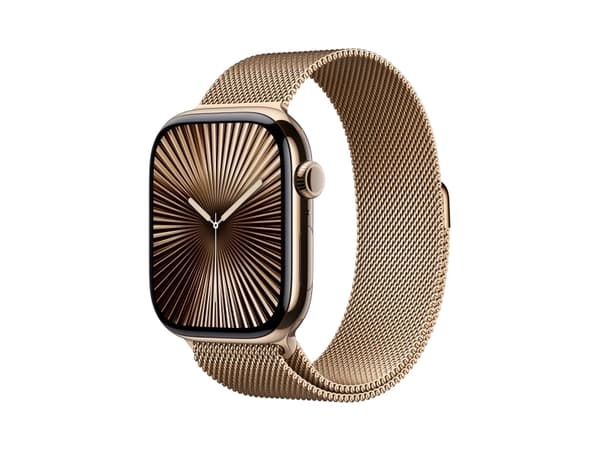 Apple Watch Series 10 (GPS + Cellular) - 46 mm - gull titan - smartklokke med fint strikket løkke - nett av rustfritt stål - gull - båndbredde: S/M -