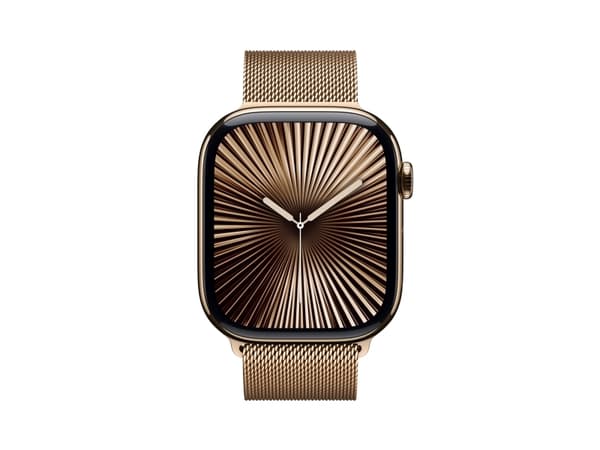 Apple Watch Series 10 (GPS + Cellular) - 46 mm - gull titan - smartklokke med fint strikket løkke - nett av rustfritt stål - gull - båndbredde: S/M -