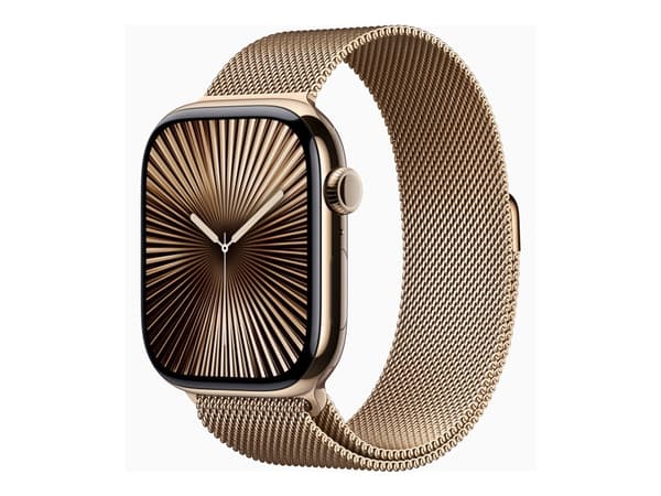 Apple Watch Series 10 (GPS + Cellular) - 46 mm - gull titan - smartklokke med fint strikket løkke - nett av rustfritt stål - gull - båndbredde: S/M -