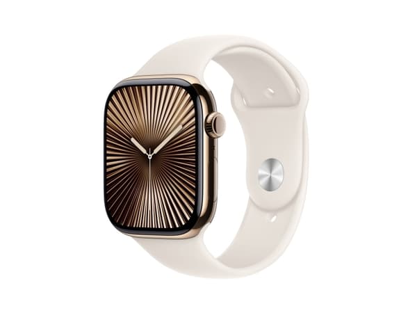 Apple Watch Series 10 (GPS + Cellular) - 46 mm - guld titan - smart klocka med sportband - fluoroelastomer - starlight - bandstorlek: M/L - 64 GB - L