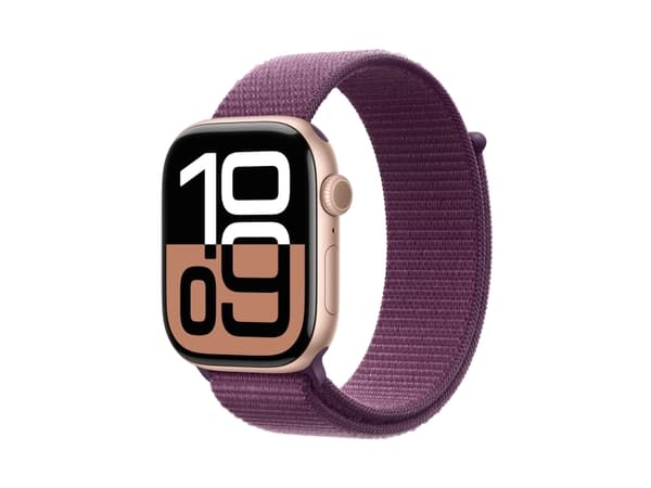 Apple Watch Series 10 (GPS + Cellular) - 46 mm - rosegull aluminium - smartklokke med sportssløyfe - myk dobbeltlagsnylon - plomme - håndleddstørrels