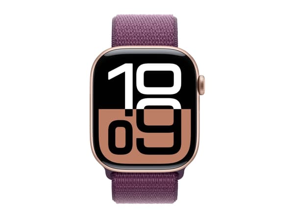 Apple Watch Series 10 (GPS + Cellular) - 46 mm - rosegull aluminium - smartklokke med sportssløyfe - myk dobbeltlagsnylon - plomme - håndleddstørrels
