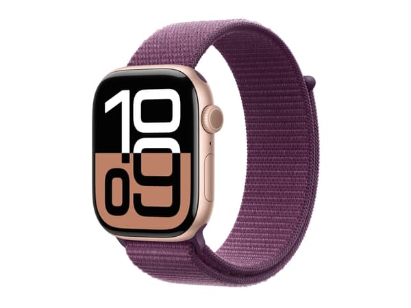 Apple Watch Series 10 (GPS + Cellular) - 46 mm - guldrosa aluminium - smart klocka med sportögla - mjukt nylon i dubbla lager - plommonfärgat - handl