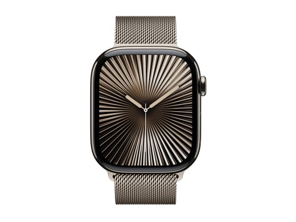 Apple Watch Series 10 (GPS + Cellular) - 46 mm - naturlig titan - smartklokke med fint strikket løkke - nett av rustfritt stål - naturlig - båndbredd