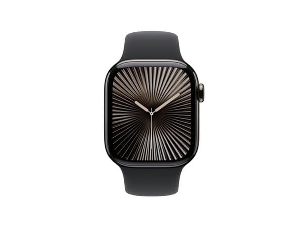 Apple Watch Series 10 (GPS + Cellular) - 42 mm - skiffer titan - smart klocka med sportband - fluoroelastomer - svart - bandstorlek: M/L - 64 GB - LT